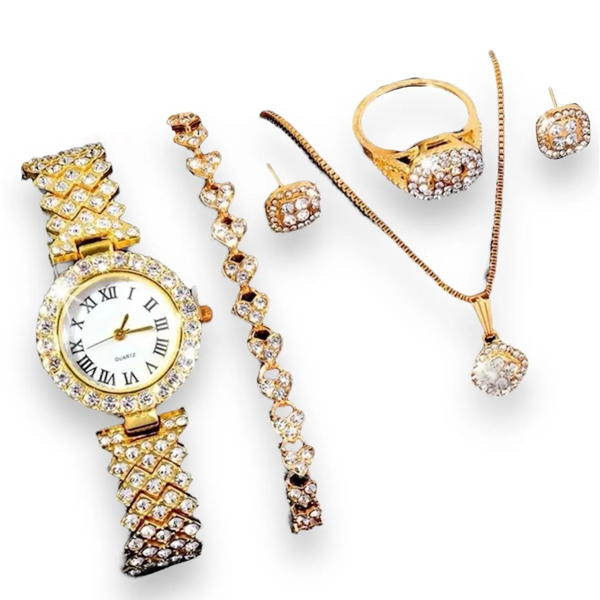 Conjunto De 6 Piezas Reloj De Pulsera De Acero De Cuarzo Para Mujer Diamantes De Imitación